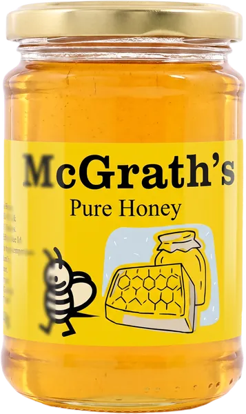 McGrath's Pure Honey, 340g jar with gold lid and yellow bee label