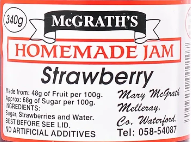The strawberry label: made from 48g of fruit per 100g; ingredients sugar, strawberries and water; no artificial additives; signed Mary McGrath, Melleray